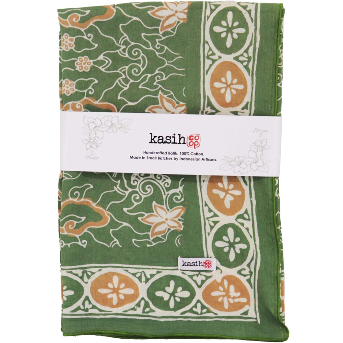 Kasih Co-op Hand Dyed Batik Bandana - Green/Gold (1 pc) shown folded