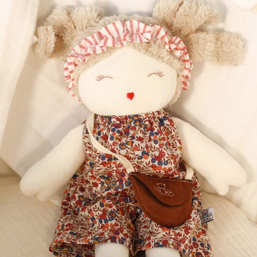 Pamplemousse Peluches Marguerite the Doll - Autumn Liberty (1 pc) - product shown close up on beige background. 