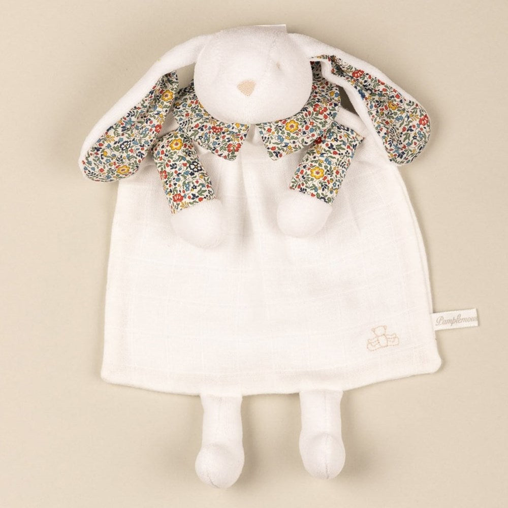 Pamplemousse Peluches The Rabbit Lovey in Liberty - Bleu Forest (1 pc) - product shown on cream background.
