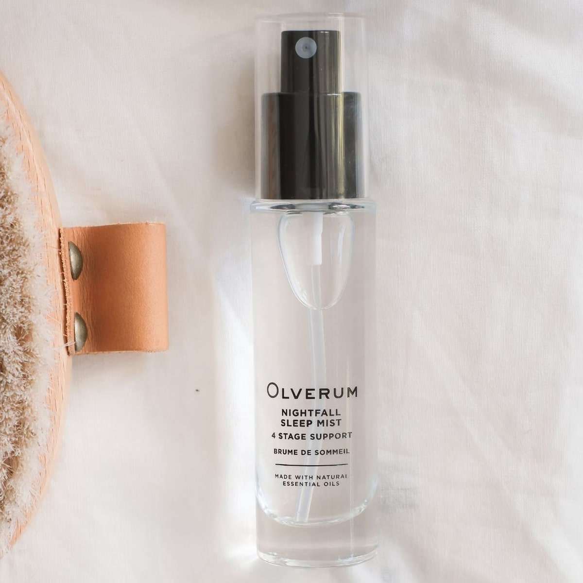 Olverum Nightfall Sleep Mist (30 ml) - product shown on white linen.