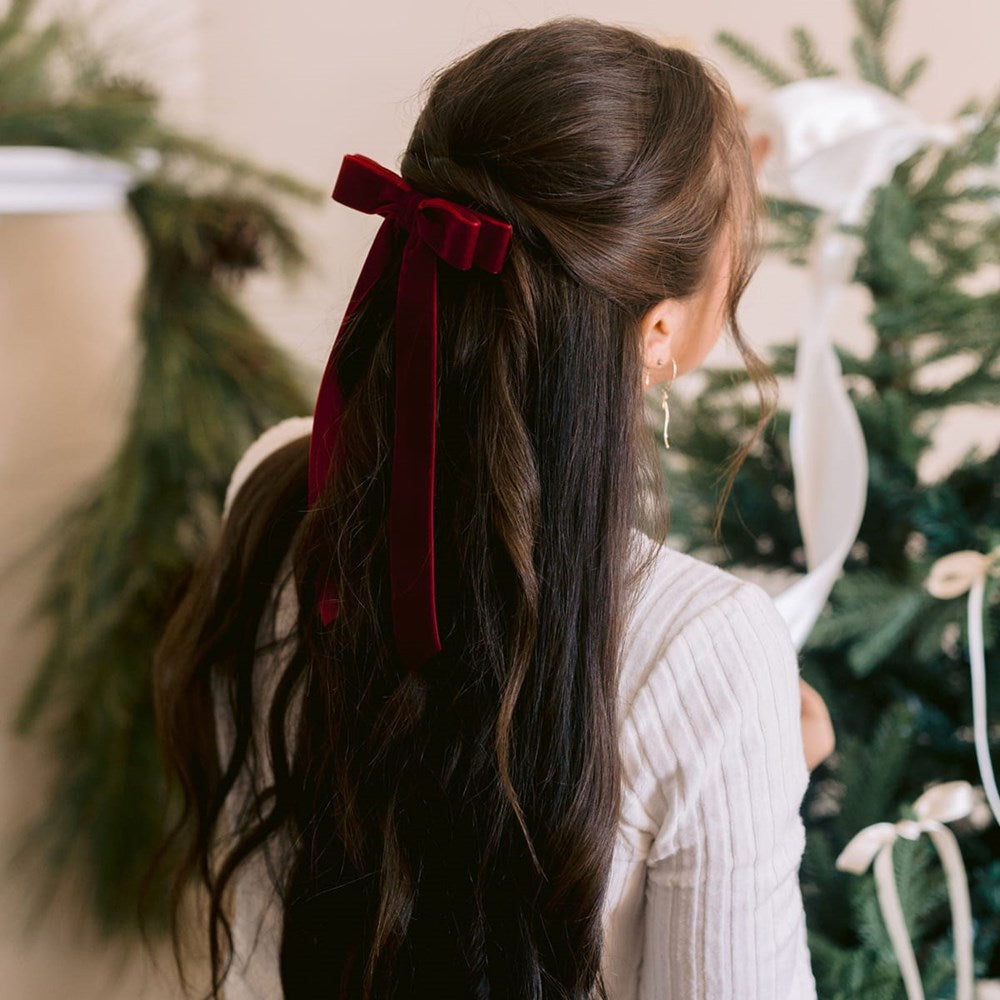 Grace & Grandeur Alice Long Velvet Bow - Wine (1 pc) - product shown in hair. 