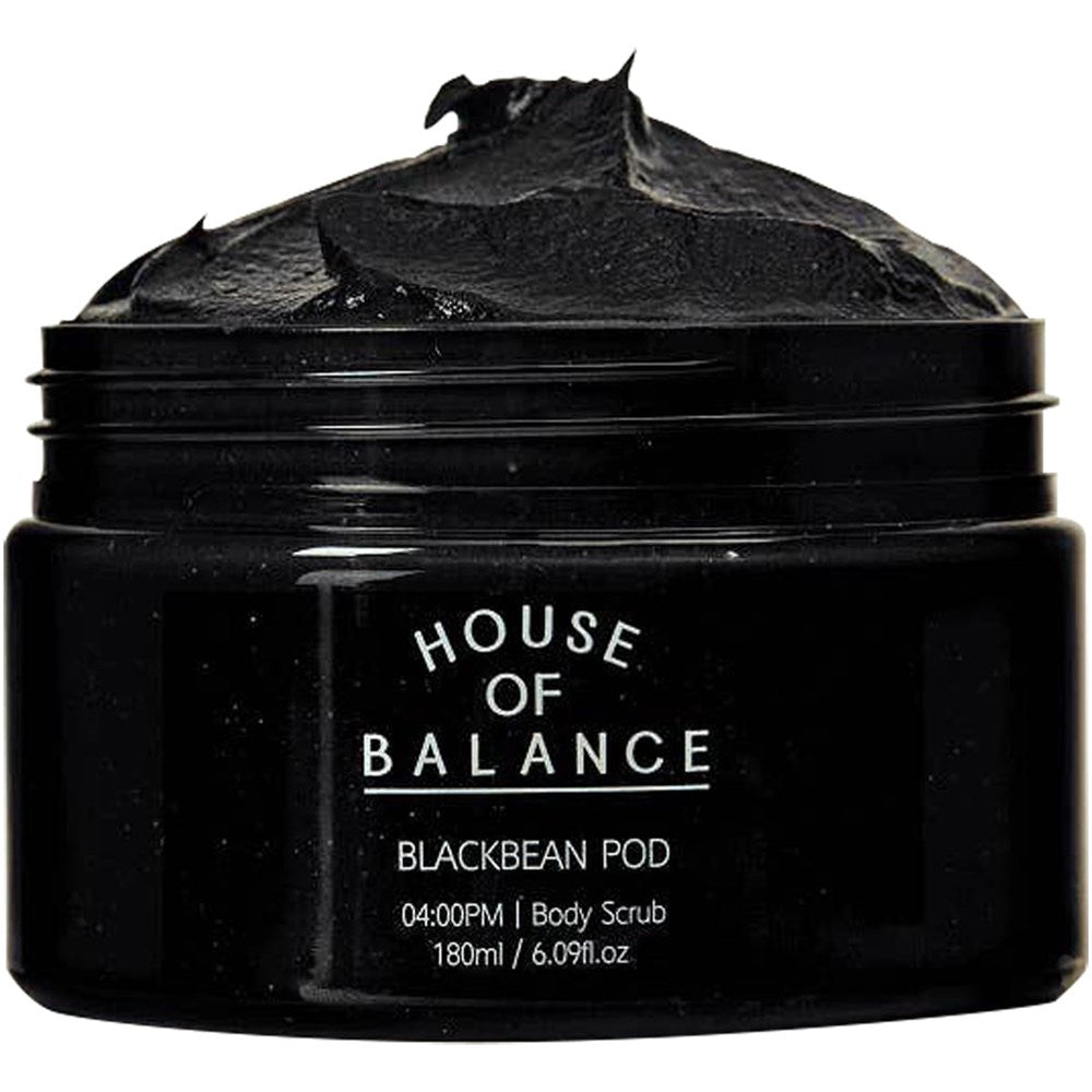 House of Balance 4:00PM Black Bean Pod Body Scrub (180 ml) - product shown with lid off.