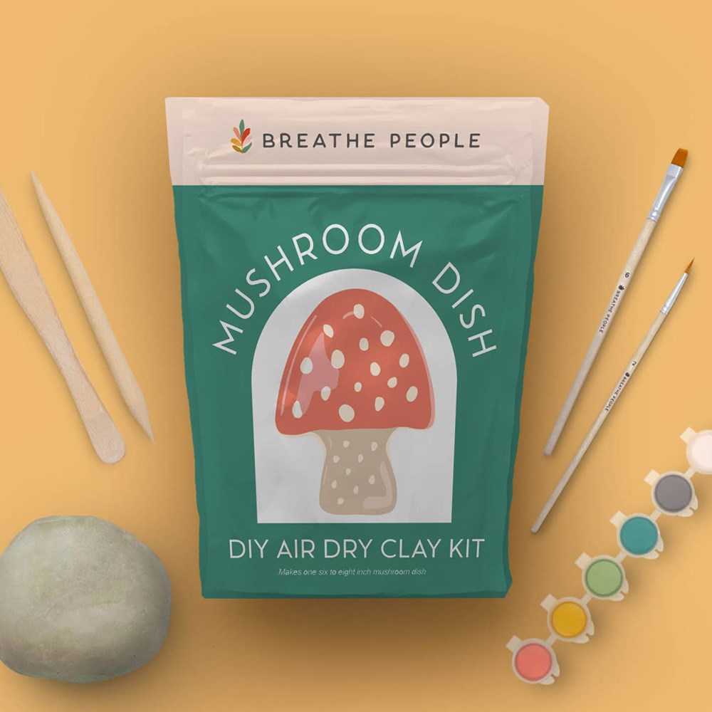 Breathe People DIY Air Dry Clay Kit – Make Your Own Mushroom Dish (1 kit) - product shown on orange background.