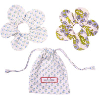 Inner Child Marais Block Print Flower Scrunchie Set in Blue (3 pcs)