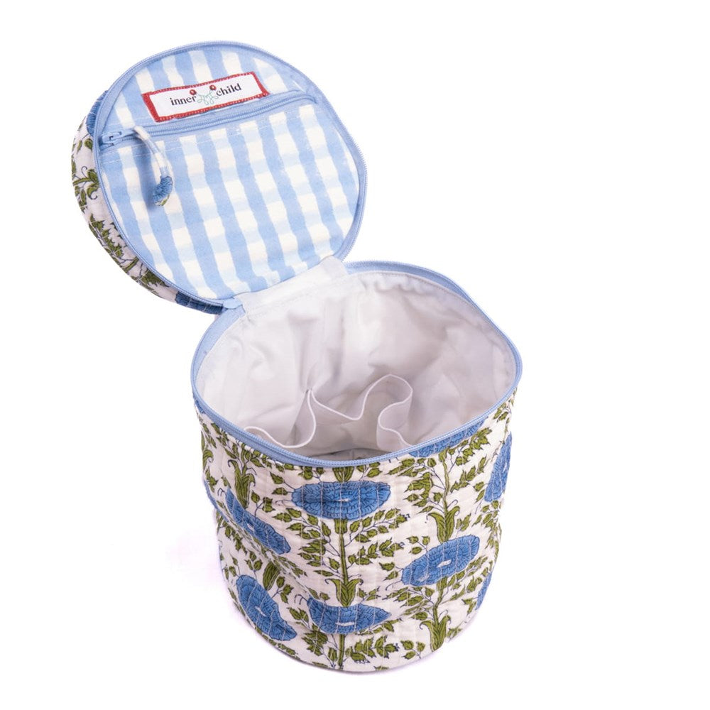 Inner Child Blue Araminta Round Upright Makeup Bag (1 pc) shown open