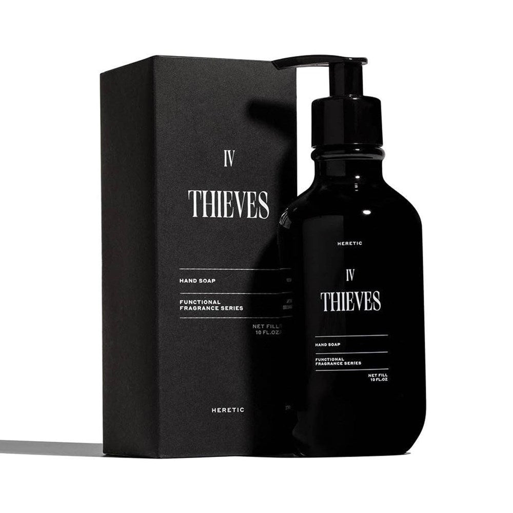 Heretic Parfum IV Thieves Hand Soap (10 oz) - product shown next to packaging. 