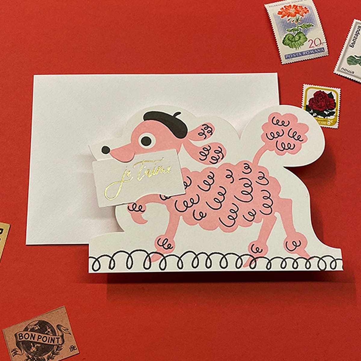 Imogen Owen Poodle Post Card - Je T’aime (1 pc) showing "Je T'aime" hidden message
