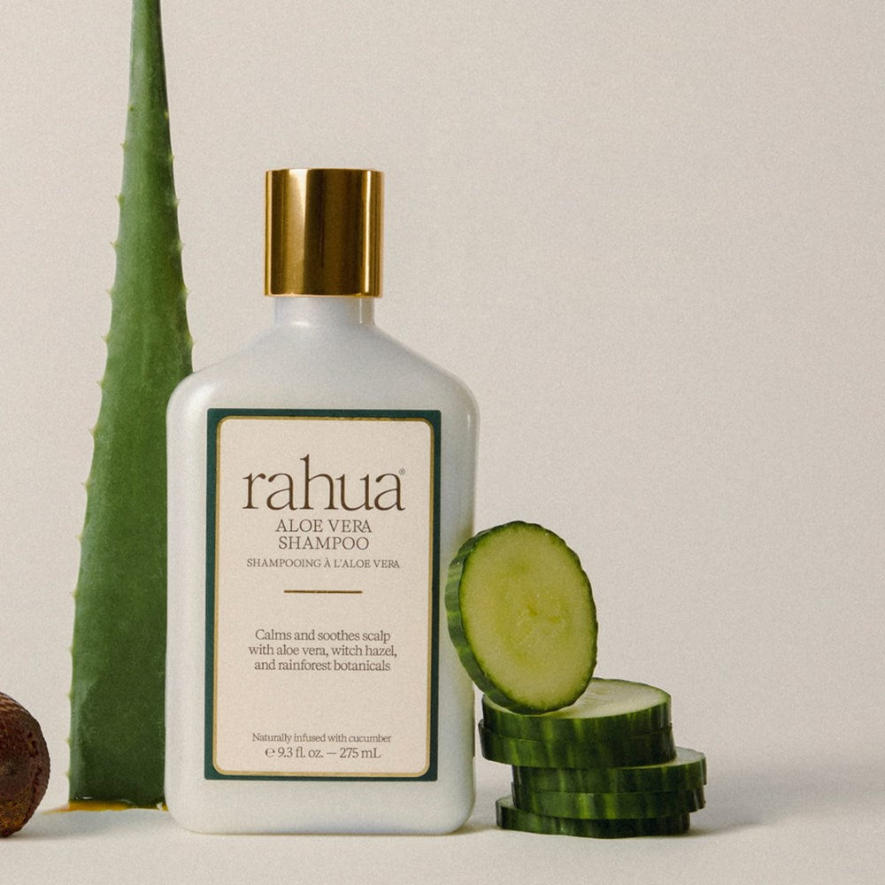 Rahua Aloe Vera Shampoo (275 ml) - product shown next to cucumber and aloe vera.