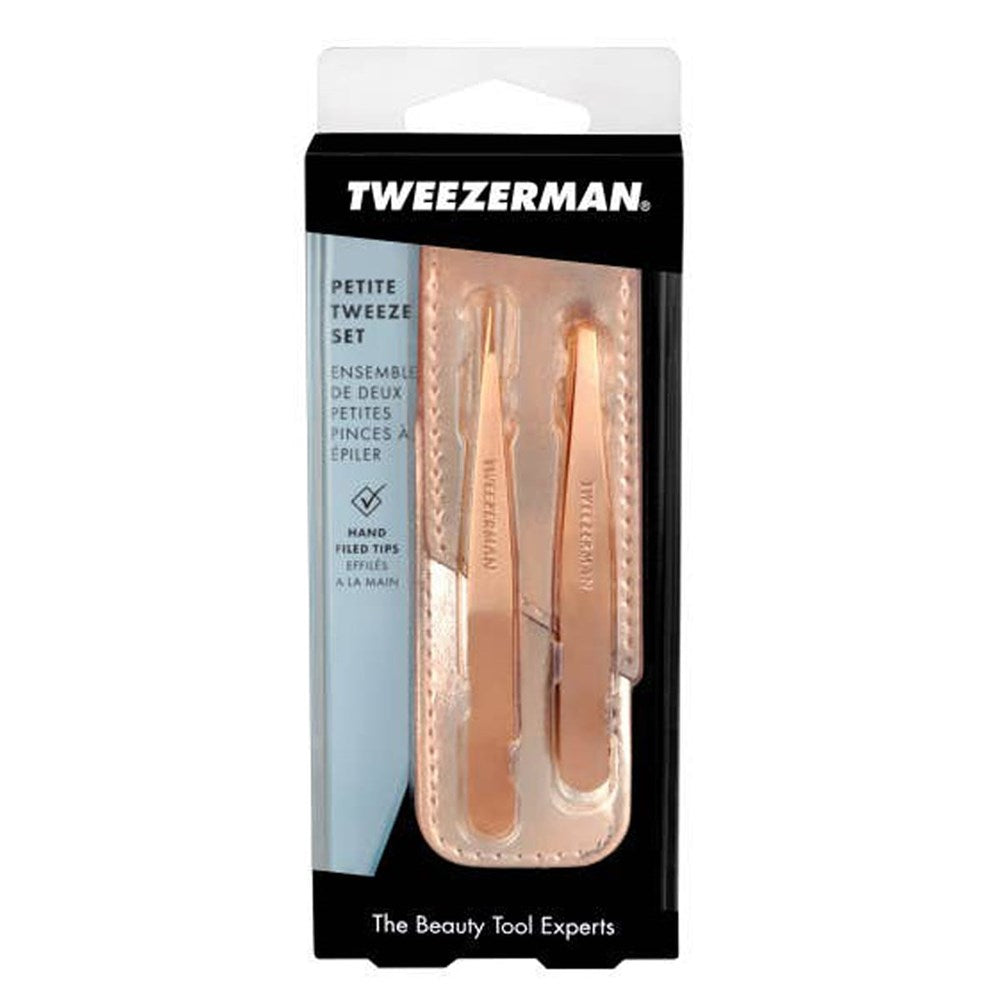 Tweezerman Petite Tweezer Set - Rose Gold (3 pcs) - product shown in packaging. 