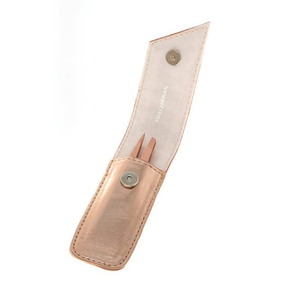 Tweezerman Petite Tweezer Set - Rose Gold (3 pcs) - product shown in pouch. 