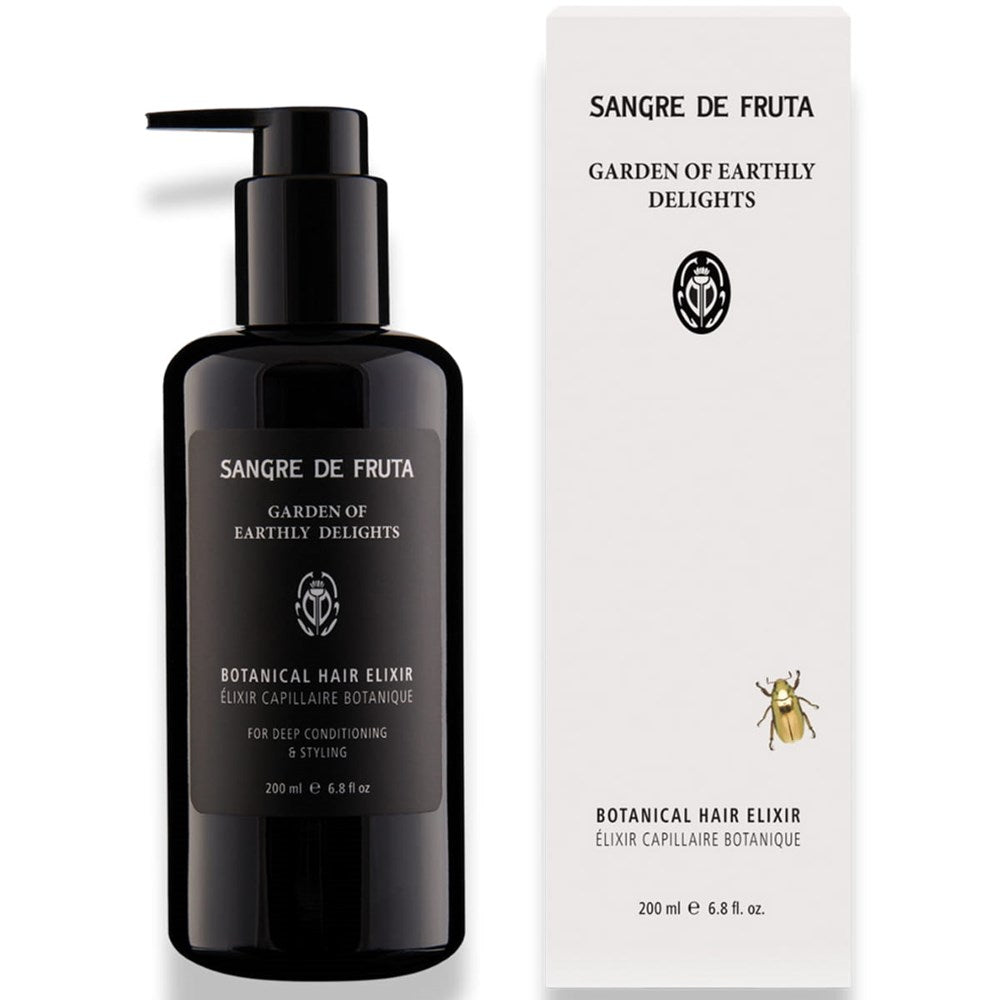 Sangre de Fruta Botanical Hair Elixir - Garden of Earthly Delights (200 ml) - product shown next to packaging.