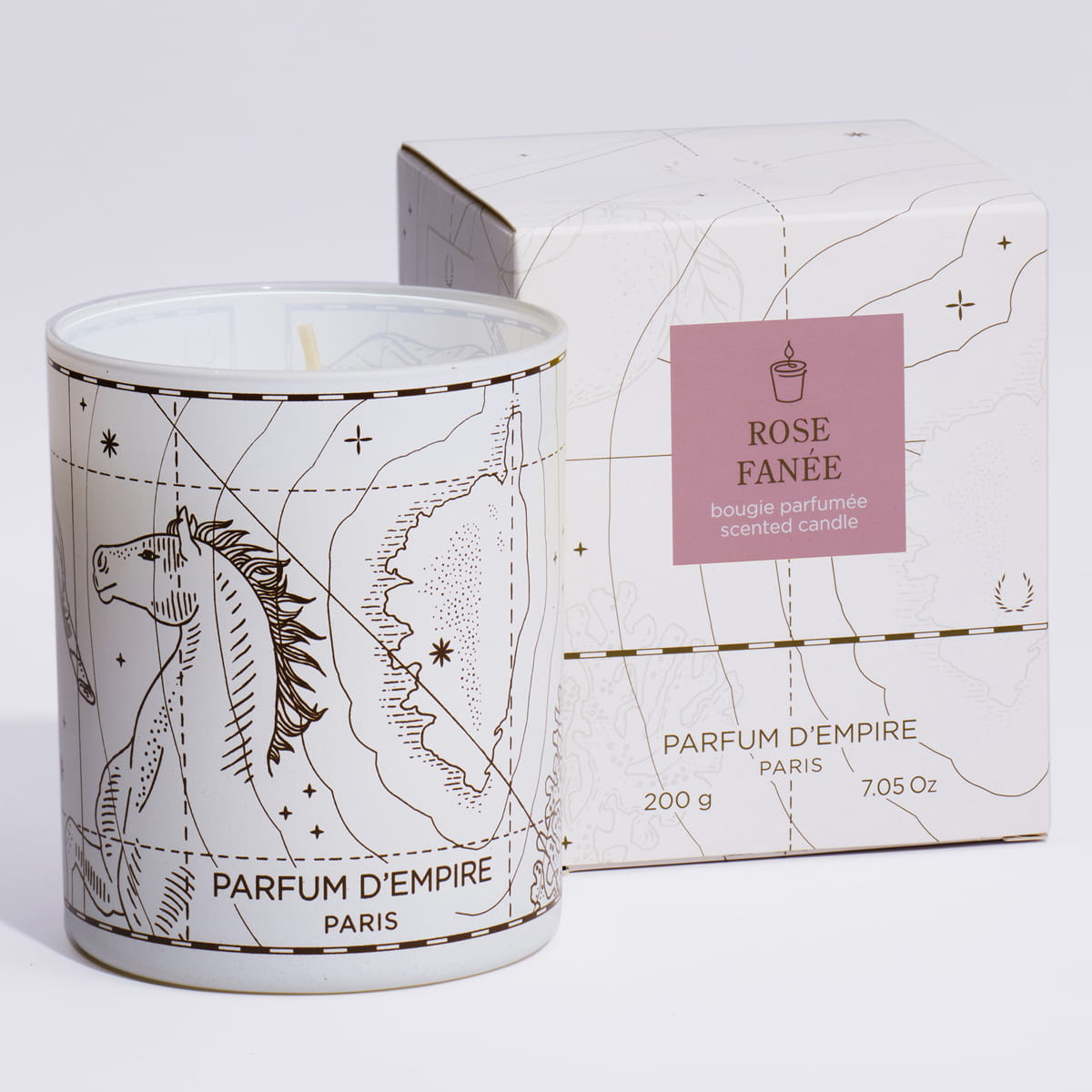 Parfum d'Empire Rose Fanee Scented Candle (200 g) shown with box