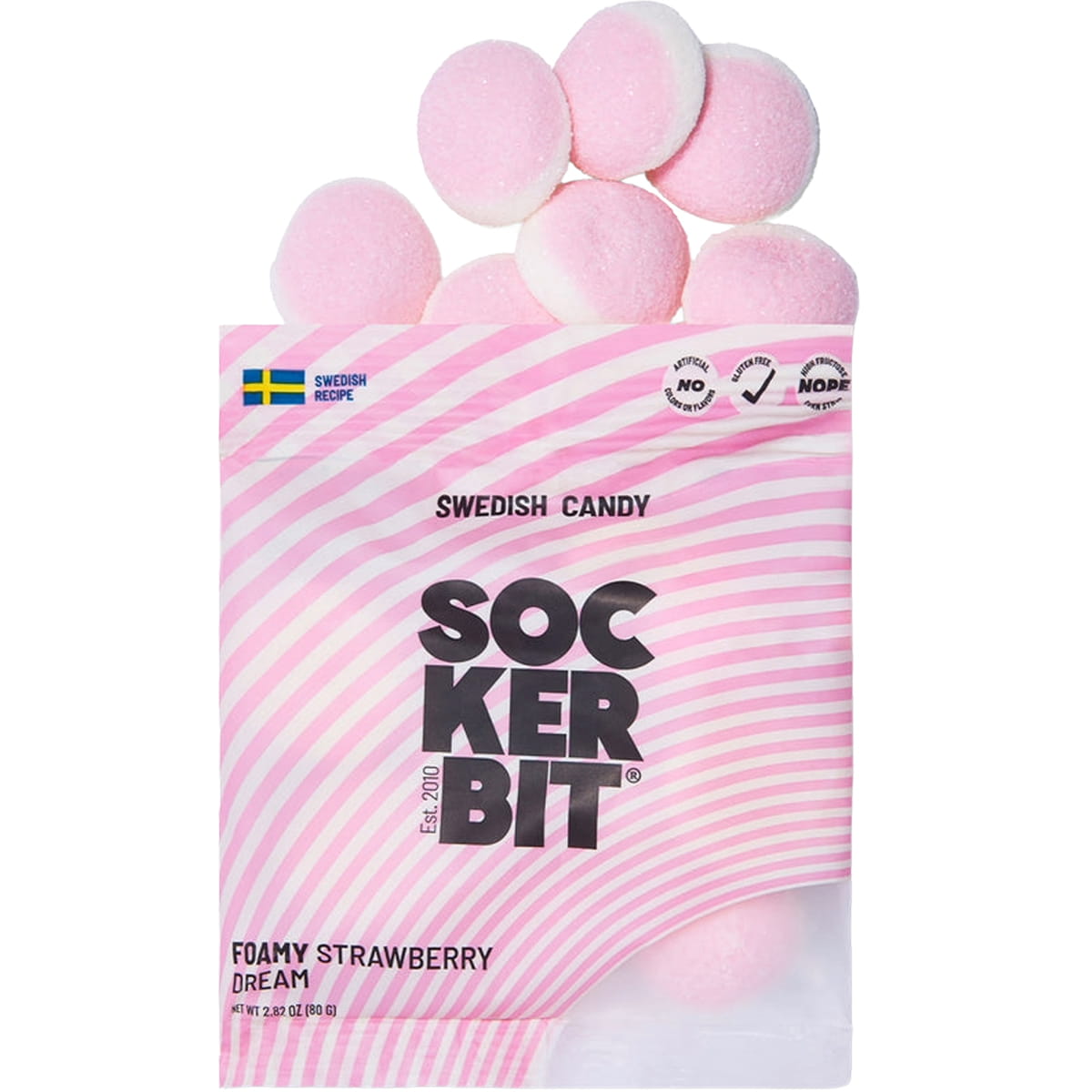 A bag of Sockerbit Foamy Strawberry Dream Swedish Candy (2.82 oz) with several foamy strawberry dream swedich candies bursting from the top