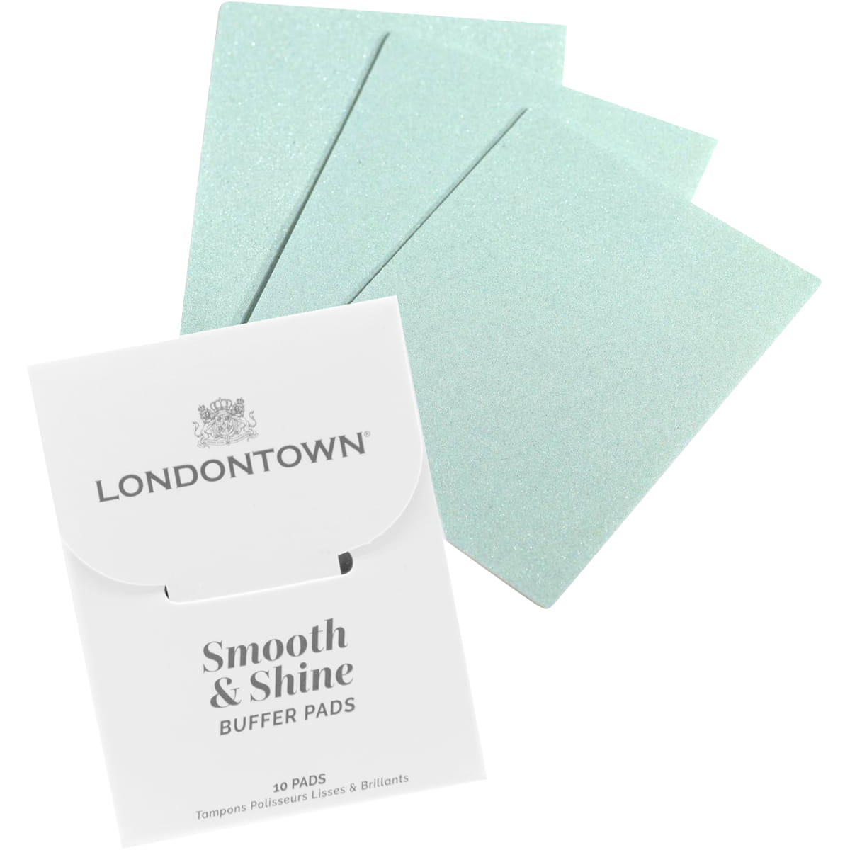 Londontown Smooth & Shine Buffer Pads (10 pcs) showing box and 3 pads