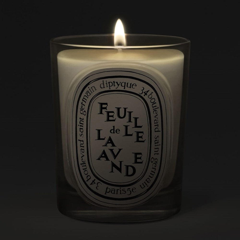 Diptyque Feuille De Lavande (Lavender Leaf) Classic Candle (190 g) - product shown lit.
