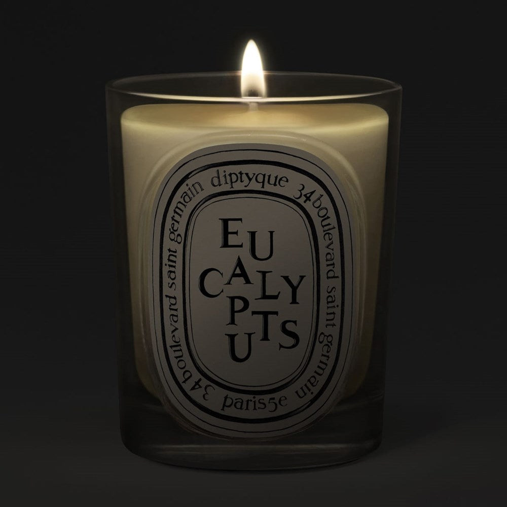 Diptyque Eucalyptus Classic Candle (190 g) - product shown lit. 
