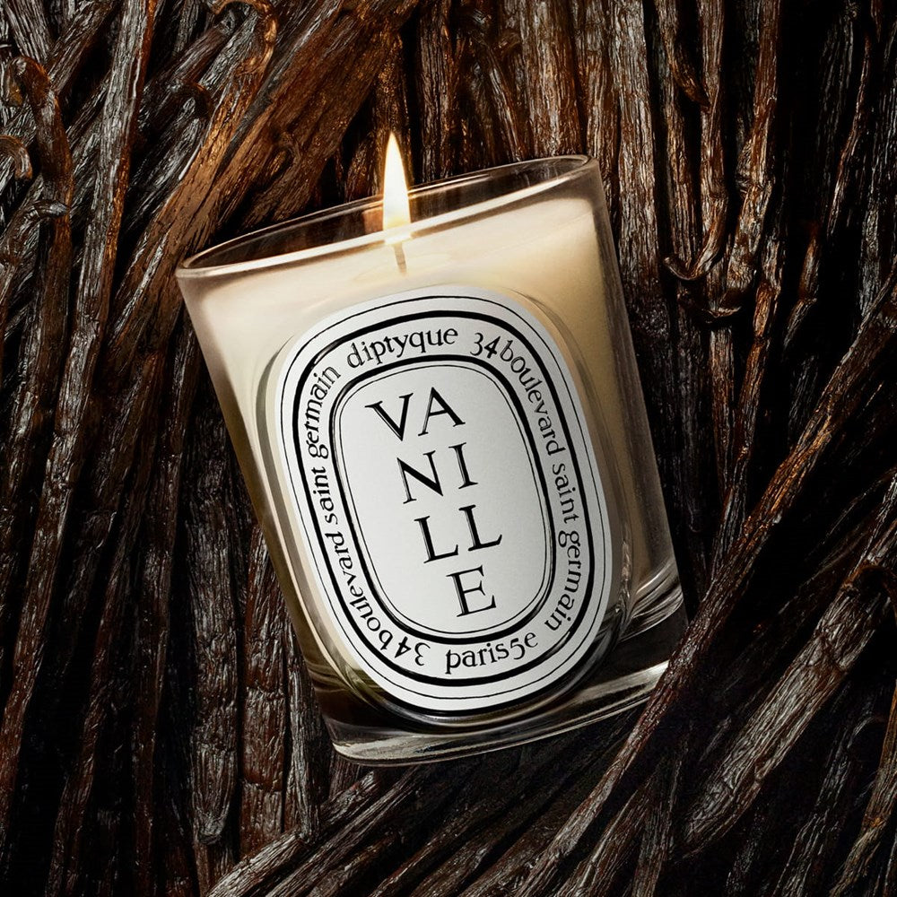 Diptyque Vanille (Vanilla) Classic Candle (190 g) - product shown on top of vanilla beans.