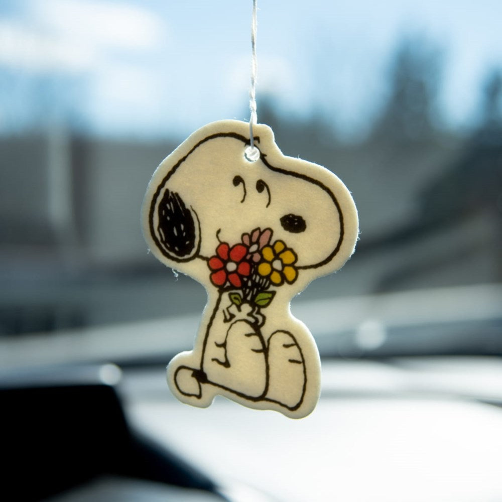 Three Potato Four 3P4 X Peanuts Air Freshener - Snoopy Flower Bouquet (1 pc) - product shown hanging in car.