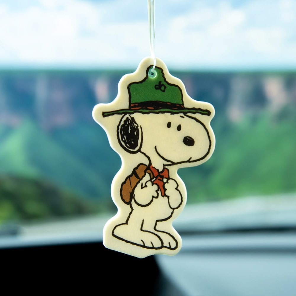 Three Potato Four 3P4 X Peanuts Air Freshener - Snoopy Scout (1 pc) - product shown hanging in car. 