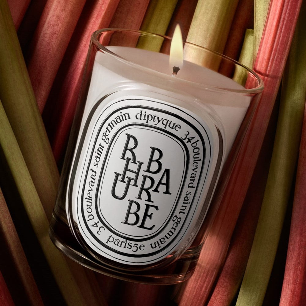 Diptyque Rhubarbe Classic Candle (190 g) - product shown on rhubarb.