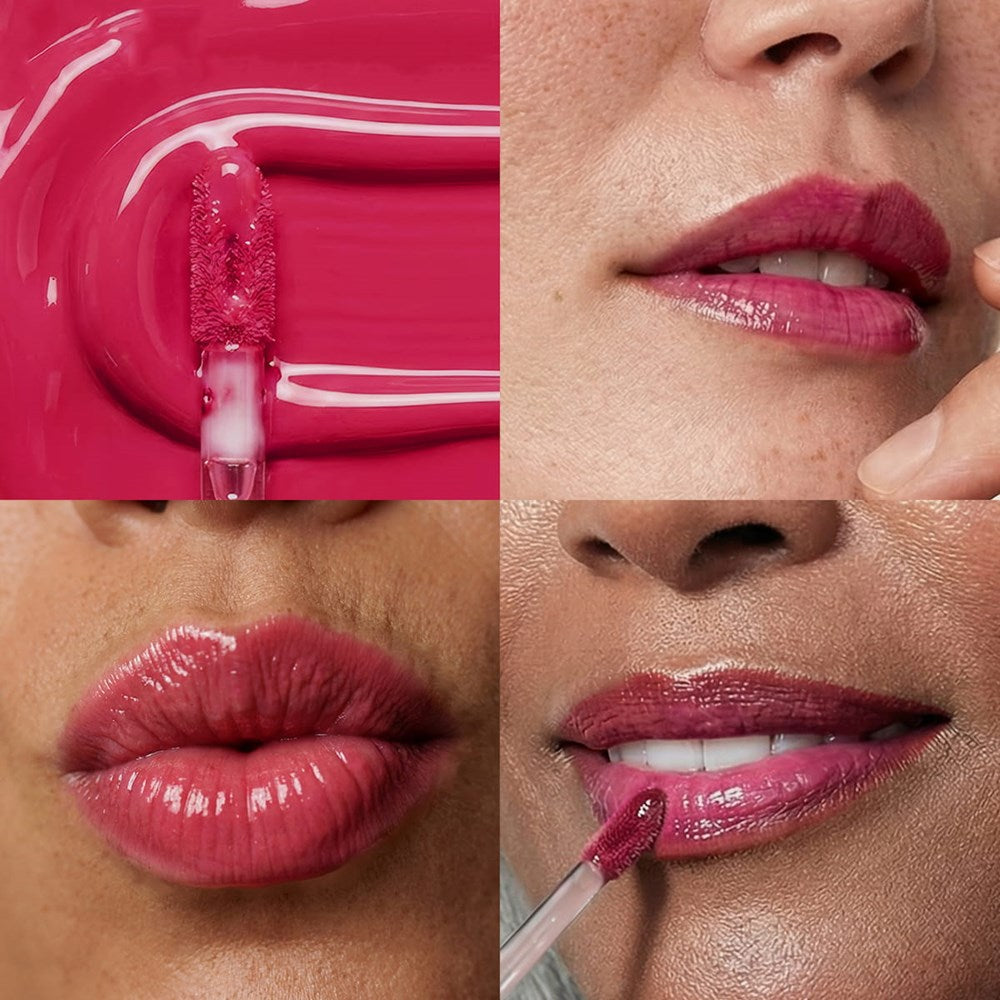 Odacite Nourishing Lip Serum SPF 40 - Bubblegum (6 ml) - product shown on models lips and a swatch.