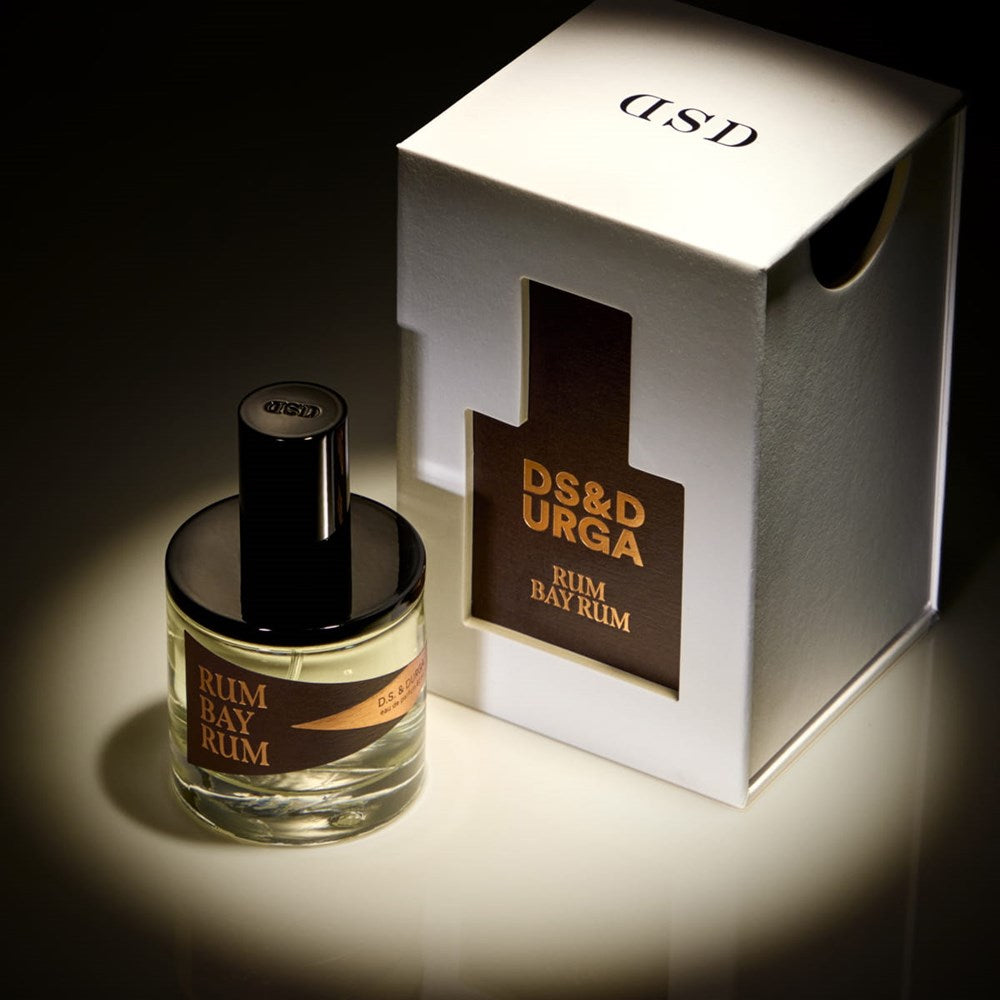D.S. & Durga Rum Bay Rum Eau de Parfum (50 ml) - product shown on counter top with spotlight. 