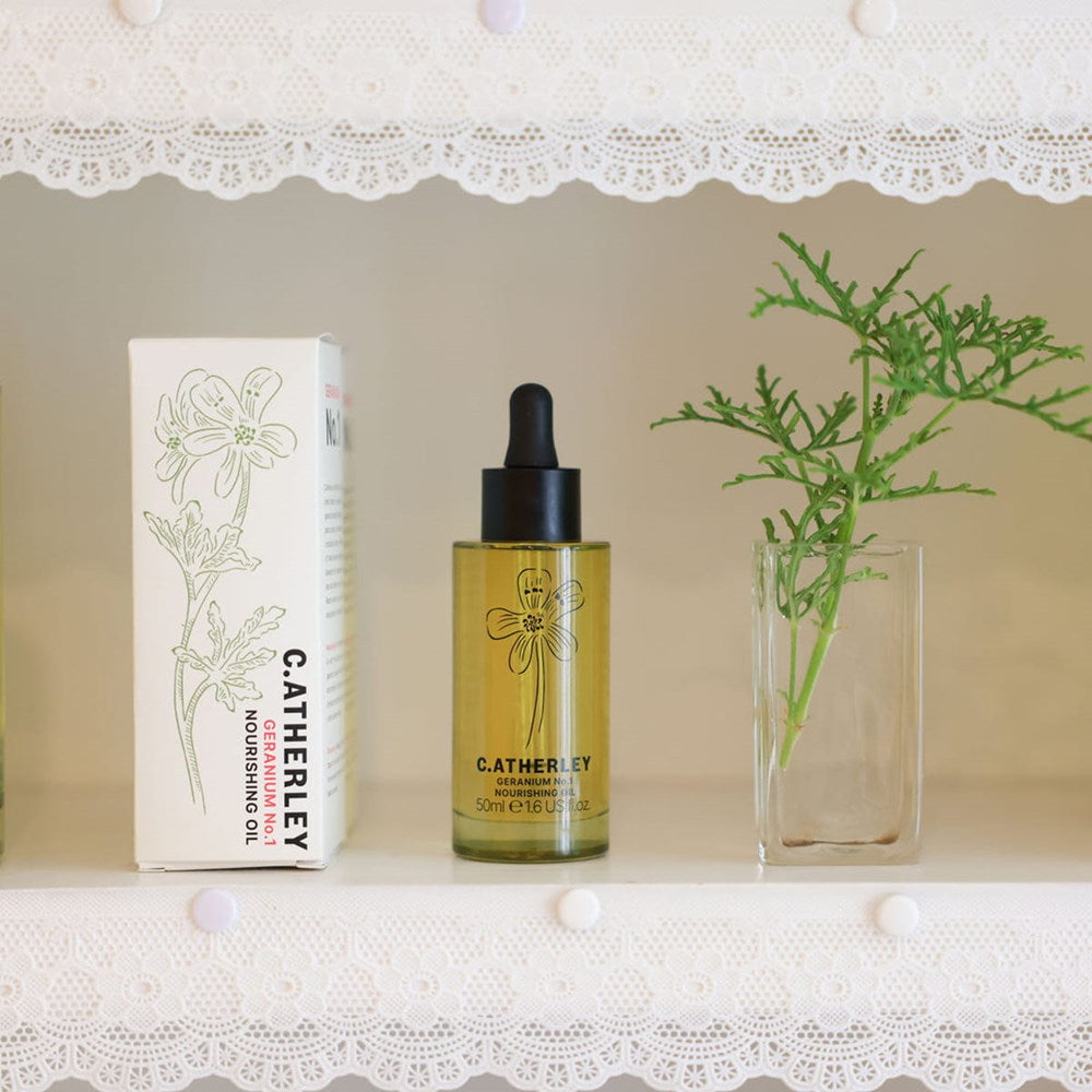 C.Atherley Geranium No.1 Nourishing Oil (50 ml) - product shown on shelf.