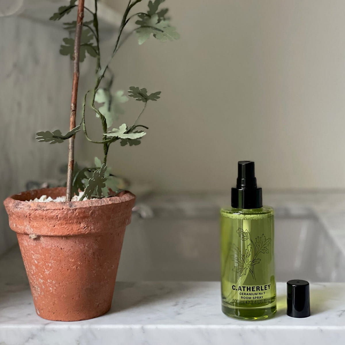C.Atherley Geranium No.1 Room Spray (100 ml) - product shown on a counter. 