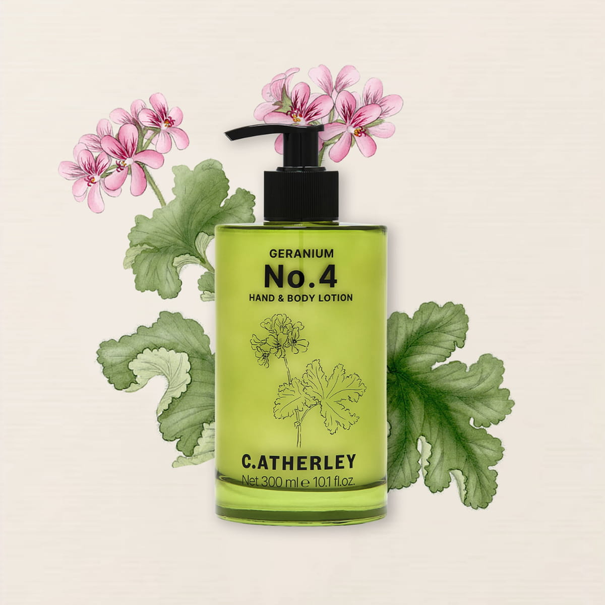 C.Atherley Geranium No.4 Hand & Body Lotion (300 ml) - product shown on tan background with flower. 
