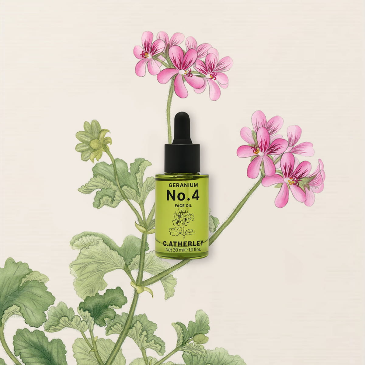 C.Atherley Geranium No.4 Face Oil (30 ml) - product shown on tan background with a flower.