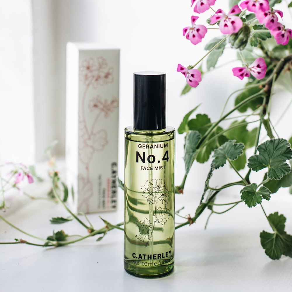 C.Atherley Geranium No.4 Face Mist (100 ml) - product shown on a white counter top. 