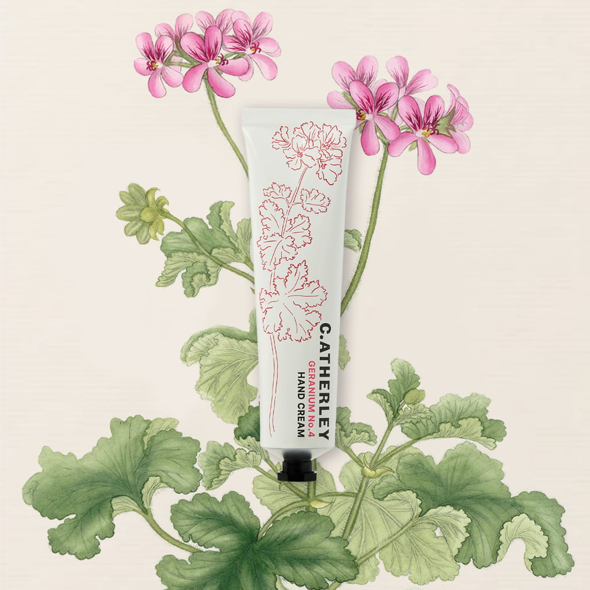 C.Atherley Geranium No.4 Hand Cream (75 ml) - product shown on a tan background with a pink flower. 