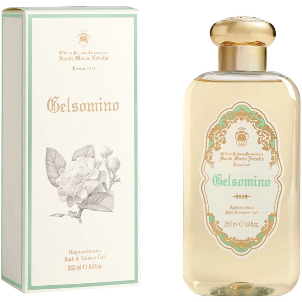Santa Maria Novella Gelsomino Bath & Shower Gel (250 ml) - product shown next to packaging. 