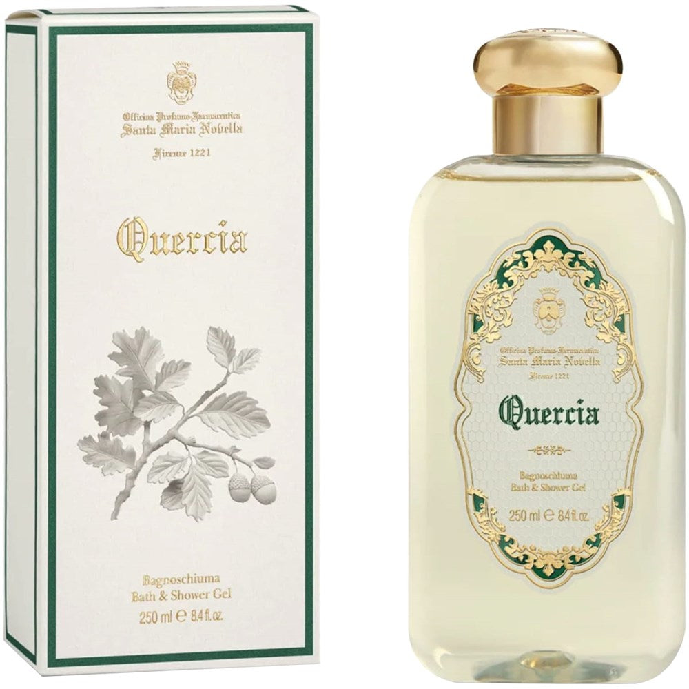 Santa Maria Novella Quercia Bath & Shower Gel (250 ml) - product shown next to packaging. 