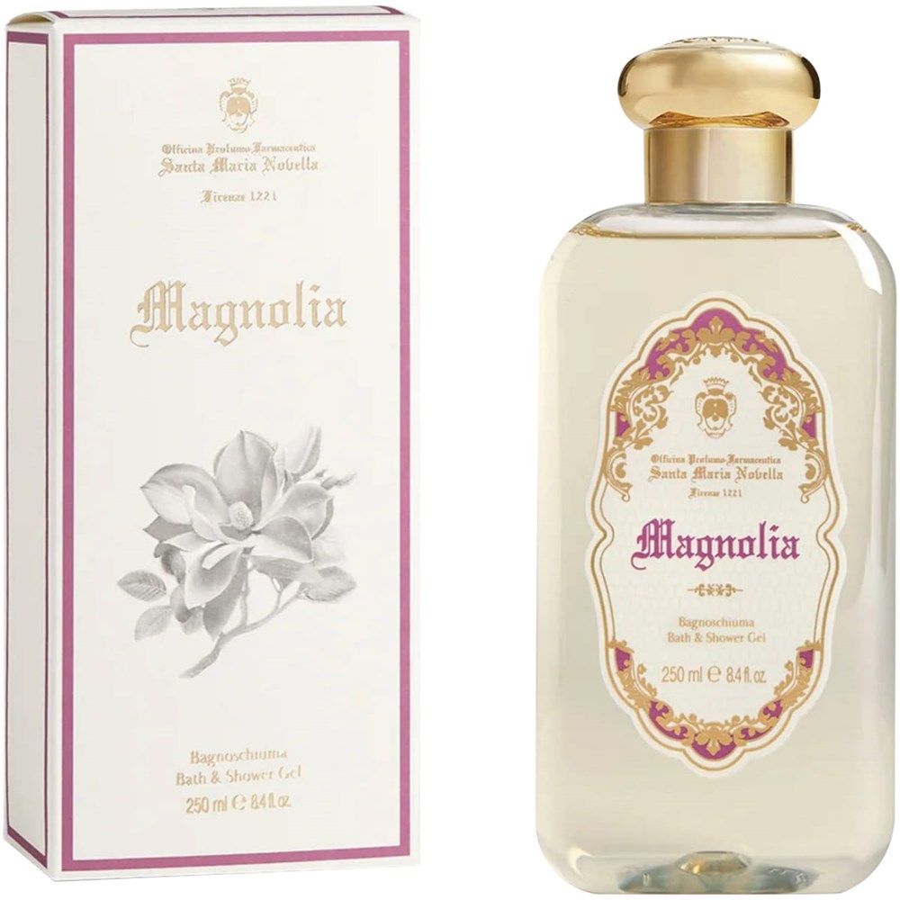 Santa Maria Novella Magnolia Bath & Shower Gel (250 ml) - product shown next to packaging. 