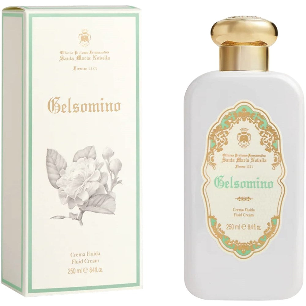 Santa Maria Novella Gelsomino Fluid Body Cream (250 ml) - product shown next to packaging. 