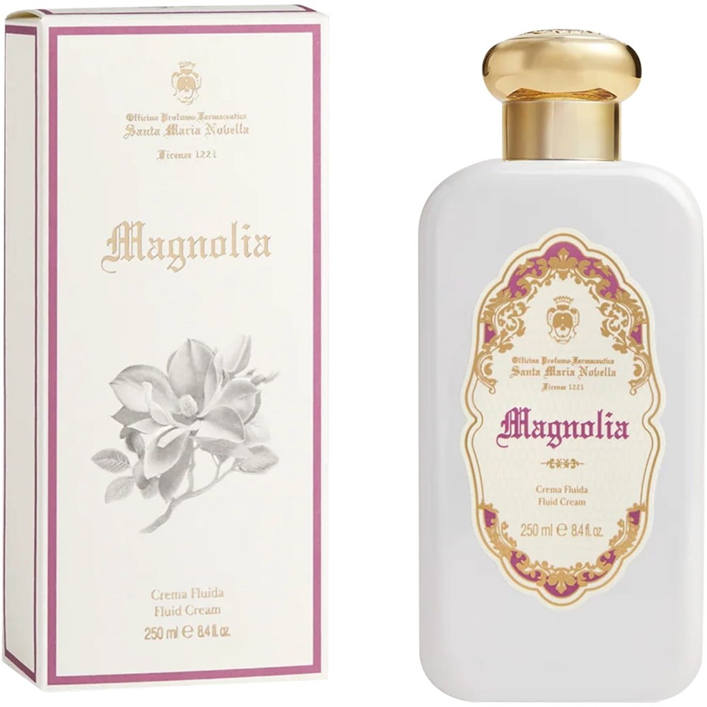 Santa Maria Novella Magnolia Fluid Body Cream (250 ml) - product shown next to packaging. 