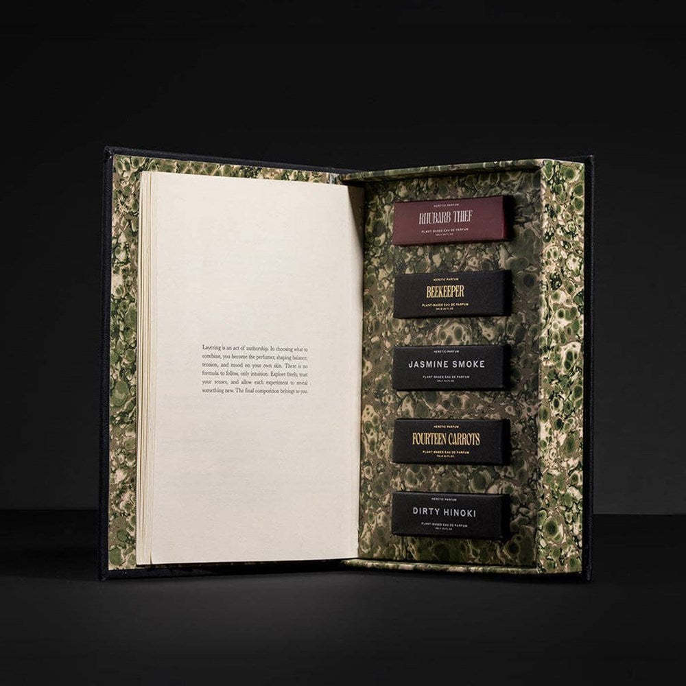 Heretic Parfum Rhubarb Thief Discovery Set (5 x 2 ml) - product shown in packaging. 