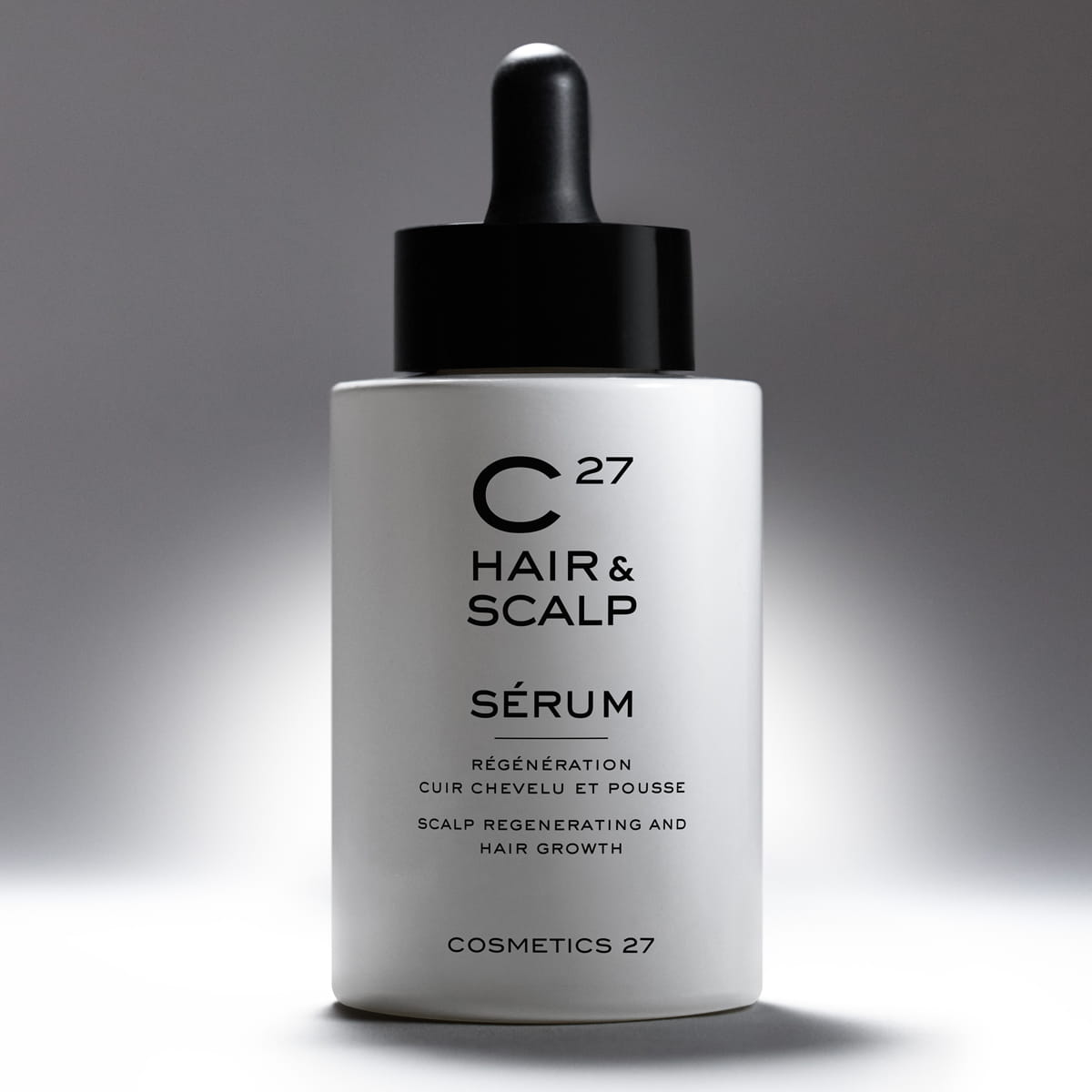 Cosmetics 27 Hair & Scalp Serum (50 ml) - product shown on white and grey background. 