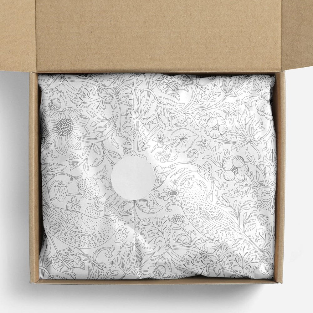 Papergem Compostable Tissue Paper - Silver Strawberry Thief (10 pcs) - product shown wrapped in a box.