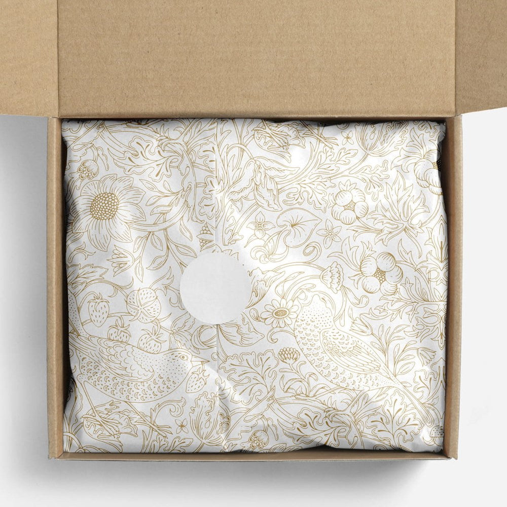 Papergem Compostable Tissue Paper - Gold Strawberry Thief (10 pcs) - product shown wrapped in box. 
