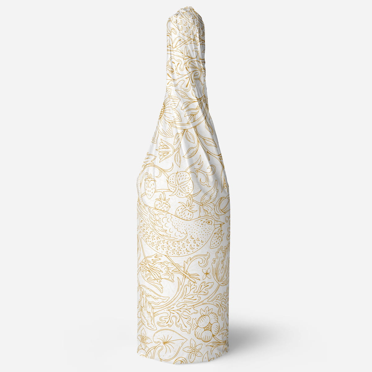 Papergem Compostable Tissue Paper - Gold Strawberry Thief (10 pcs) - product shown wrapped around bottle.