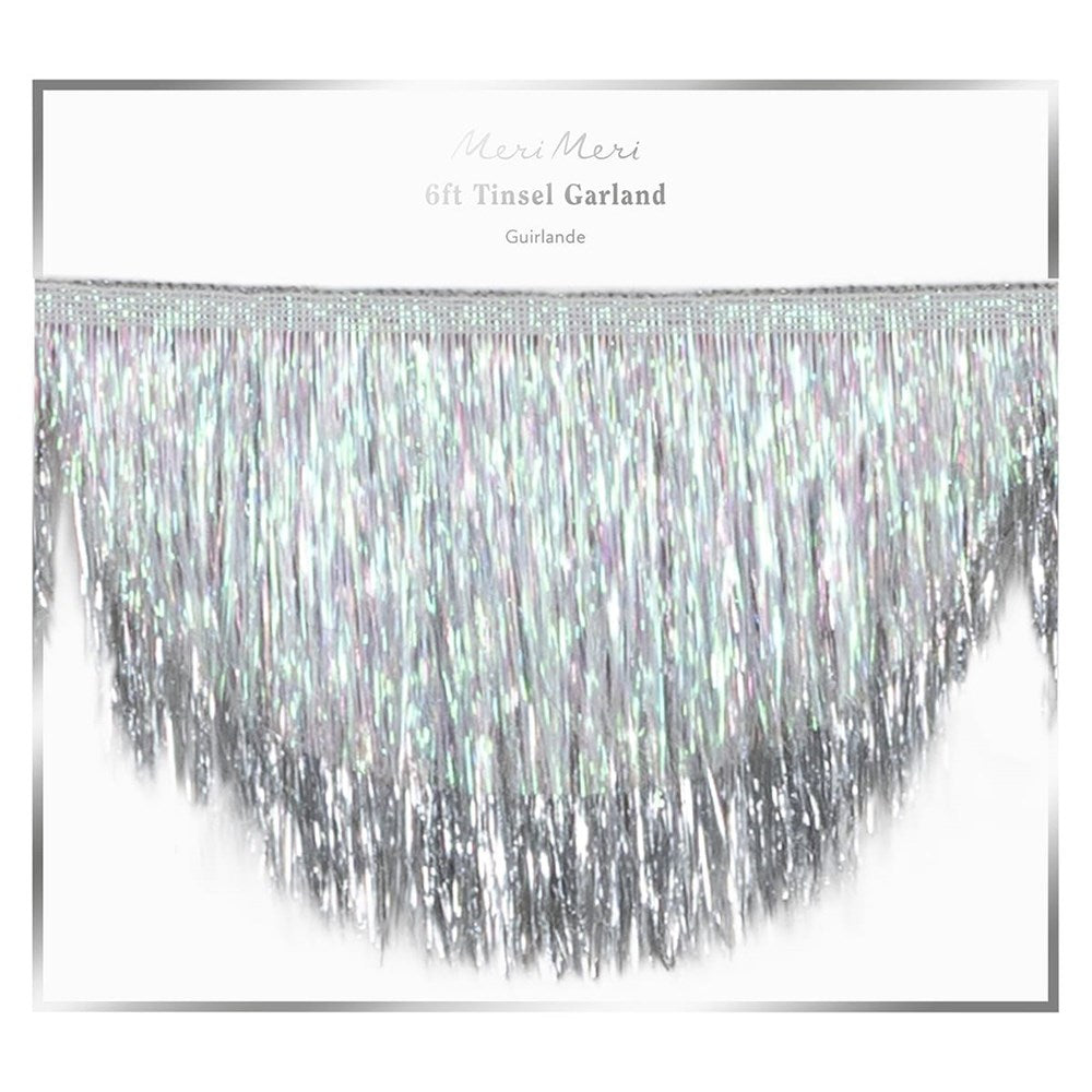 Meri Meri Silver Iridescent Tinsel Scallop Garland (1 pc) - product shown in packaging. 