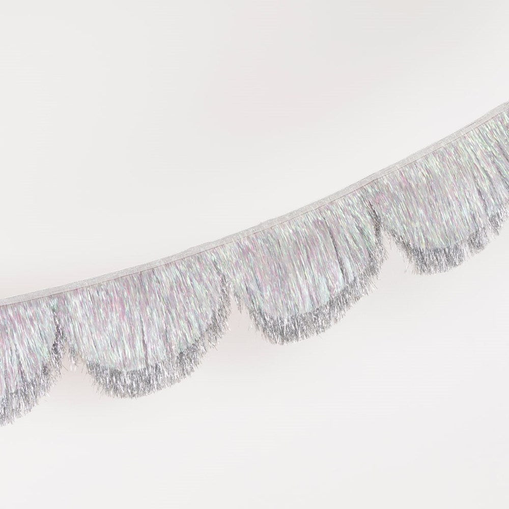 Meri Meri Silver Iridescent Tinsel Scallop Garland (1 pc) - product shown on white background. 