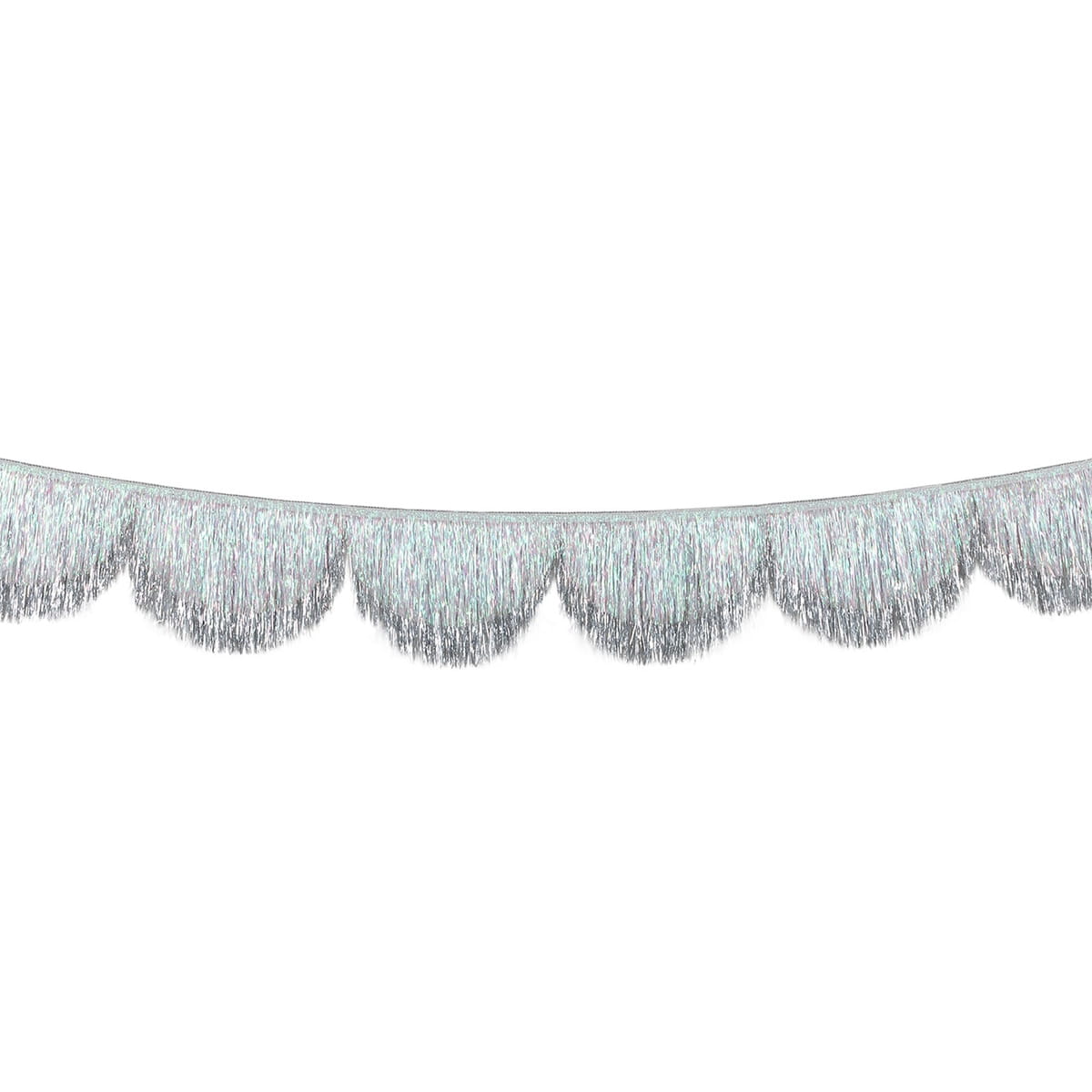Meri Meri Silver Iridescent Tinsel Scallop Garland (1 pc) - product shown on white background. 