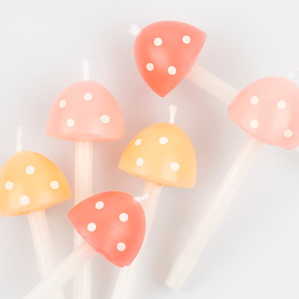 Meri Meri Mushroom Birthday Candles (6 pcs) - product shown on white background. 