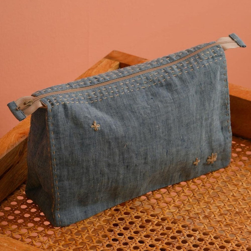 Live Linen Linen Affair Pouch (1 pc) - product shown on woven wood surface. 