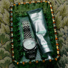Flamingo Estate Adriatic Muscatel Sage Rich Cream (74 ml) - product shown in glass dish next to watch. 