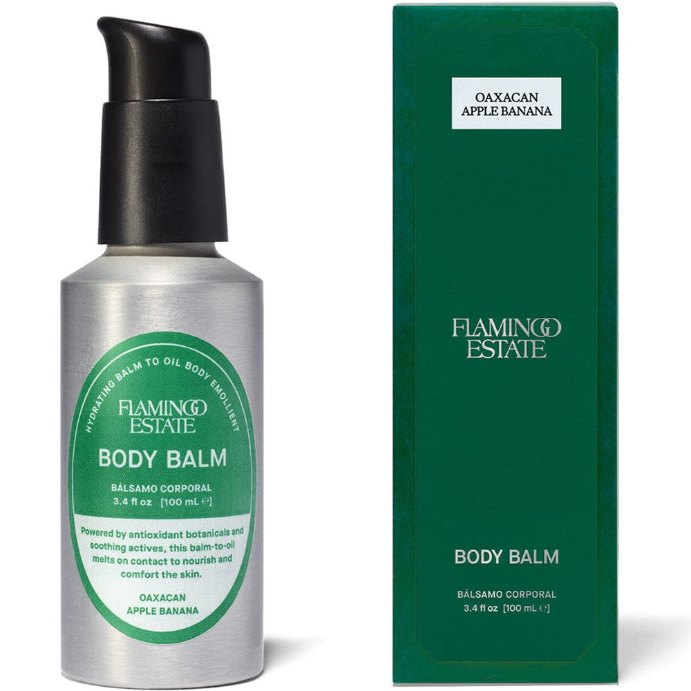 Flamingo Estate Oaxacan Apple Banana Body Balm (100 ml) - product shown next to packaging. 