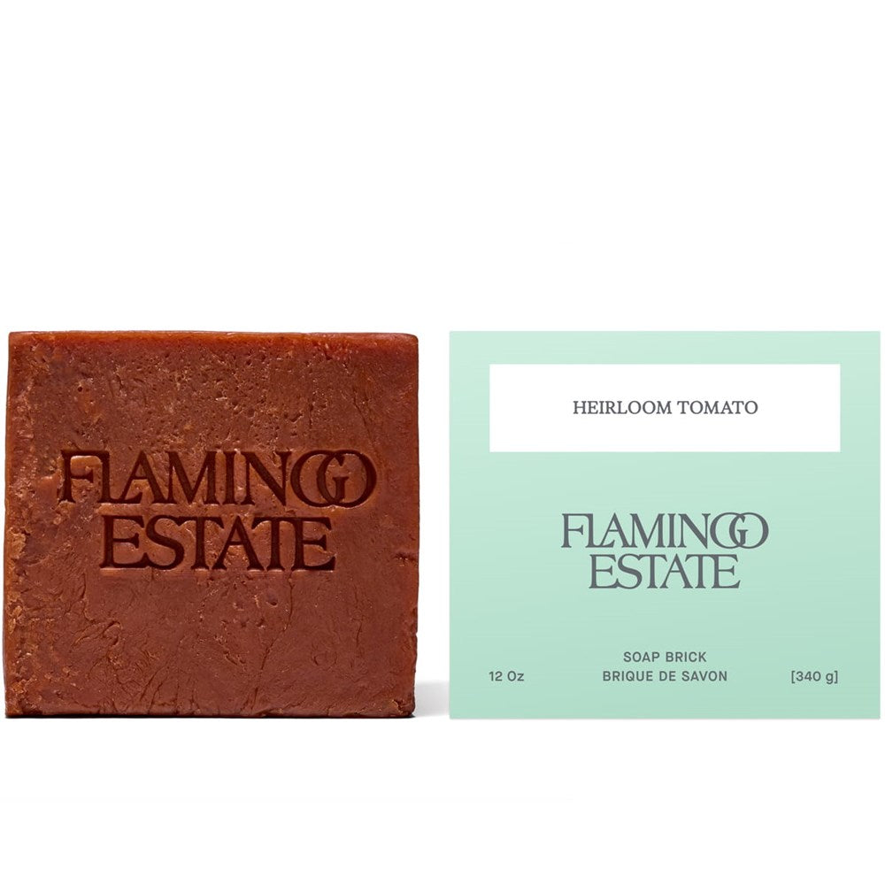 Flamingo Estate Heirloom Tomato Soap Brick (340 g) - product shown next to packaging. 